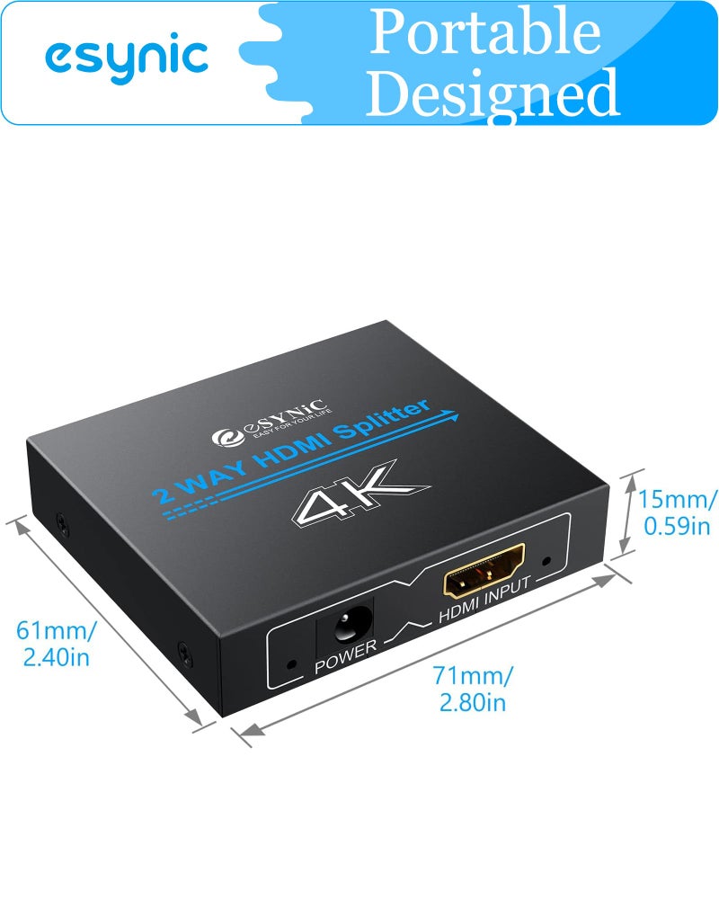 eSynic Portable 4K/30HZ HDMI Splitter Plug&Play 2 Way HDMI Splitter 1 in 2 Out [Only Mirror No Extend Mode] Support HDMI 1.4 Version With Metal Shell for HDTV PS4 Blu-ray Player Laptop Gaming Consoles - Image 3